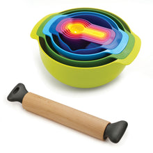 Load image into Gallery viewer, Baking Bundle (Nest™ 9 Plus Bowl Set- Multicoloured + Grip-Pin™ Ergonomic Rolling Pin - Grey)