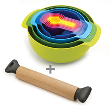 Load image into Gallery viewer, Baking Bundle (Nest™ 9 Plus Bowl Set- Multicoloured + Grip-Pin™ Ergonomic Rolling Pin - Grey)