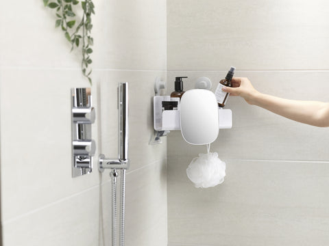 EasyStore™ White Corner Shower Shelf with Removable Mirror